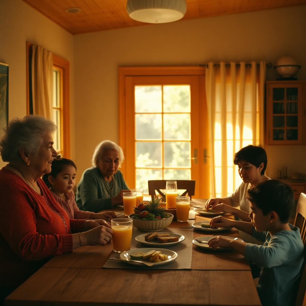 Familia multigeneracional compartiendo una comida en casa